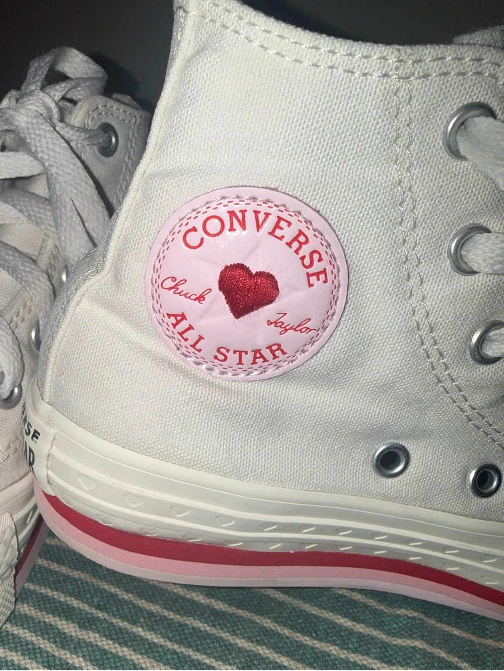 Converse Kids White High Top Sneakers with Red Heart and Pink & Red Stripes